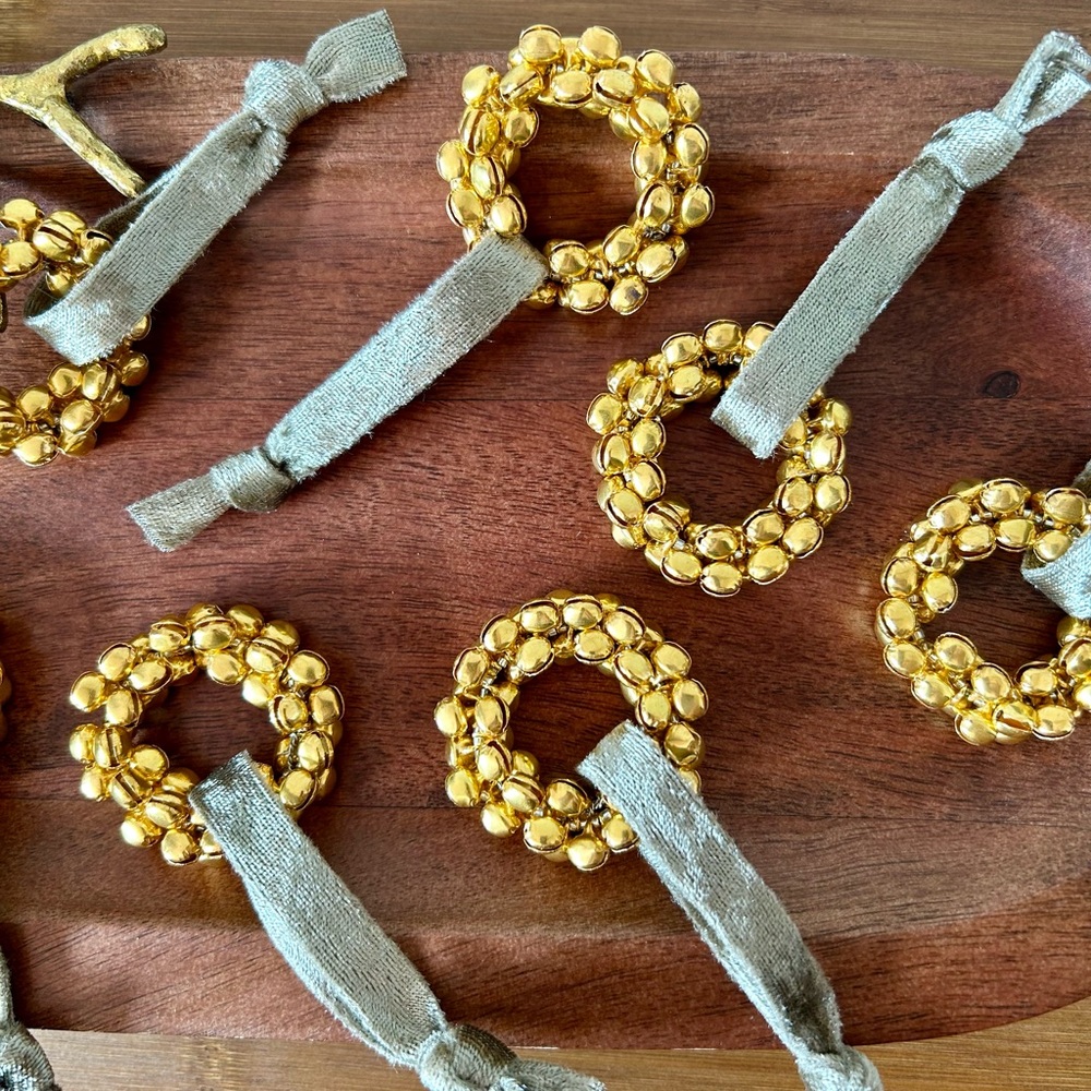 8 Gold Beaded Holiday Ornaments With Taupe Velvet Ribbon